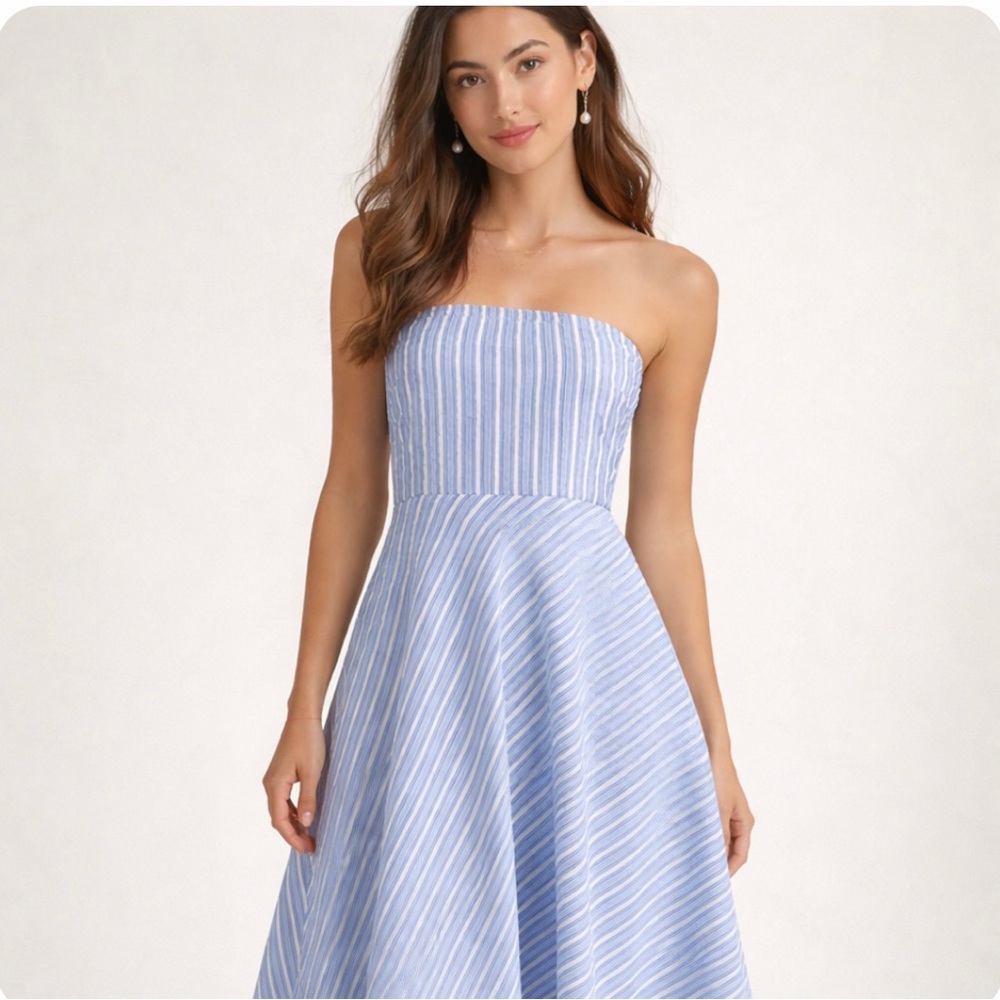 J.Crew Blue & White Stripe Strapless Midi Dress 2 Preppy Coastal Wedding Guest